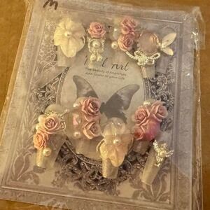 Press On Nails Floral Roses Embellished‎ Pearls Angel Wings Nail Art